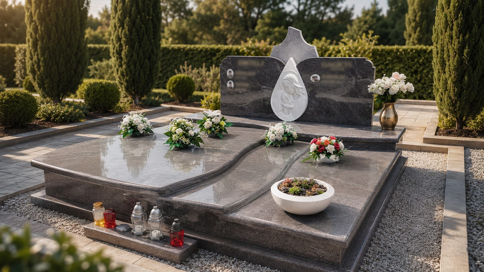 Spomen-grobnica od sivog granita s reljefom Gospe s djetetom, primjer naših radova