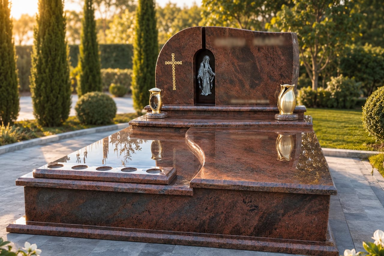 Polirana crveno-granitna obiteljska grobnica s kipom Bogorodice, križem, vazama i svijećnjacima — fotografirana u radionici prije montaže